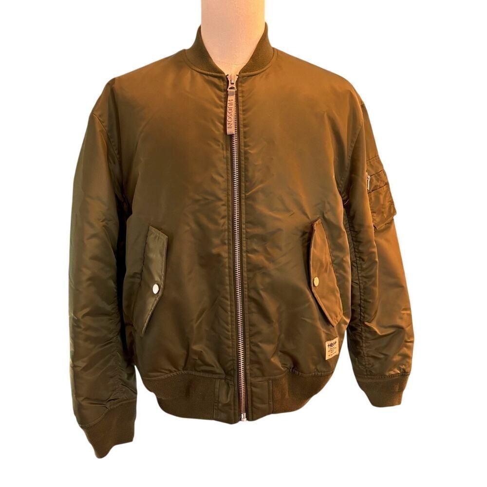 NWT HUDSON Bomber Jacket Nylon Military Green Zipper Pockets Padded Quilted M